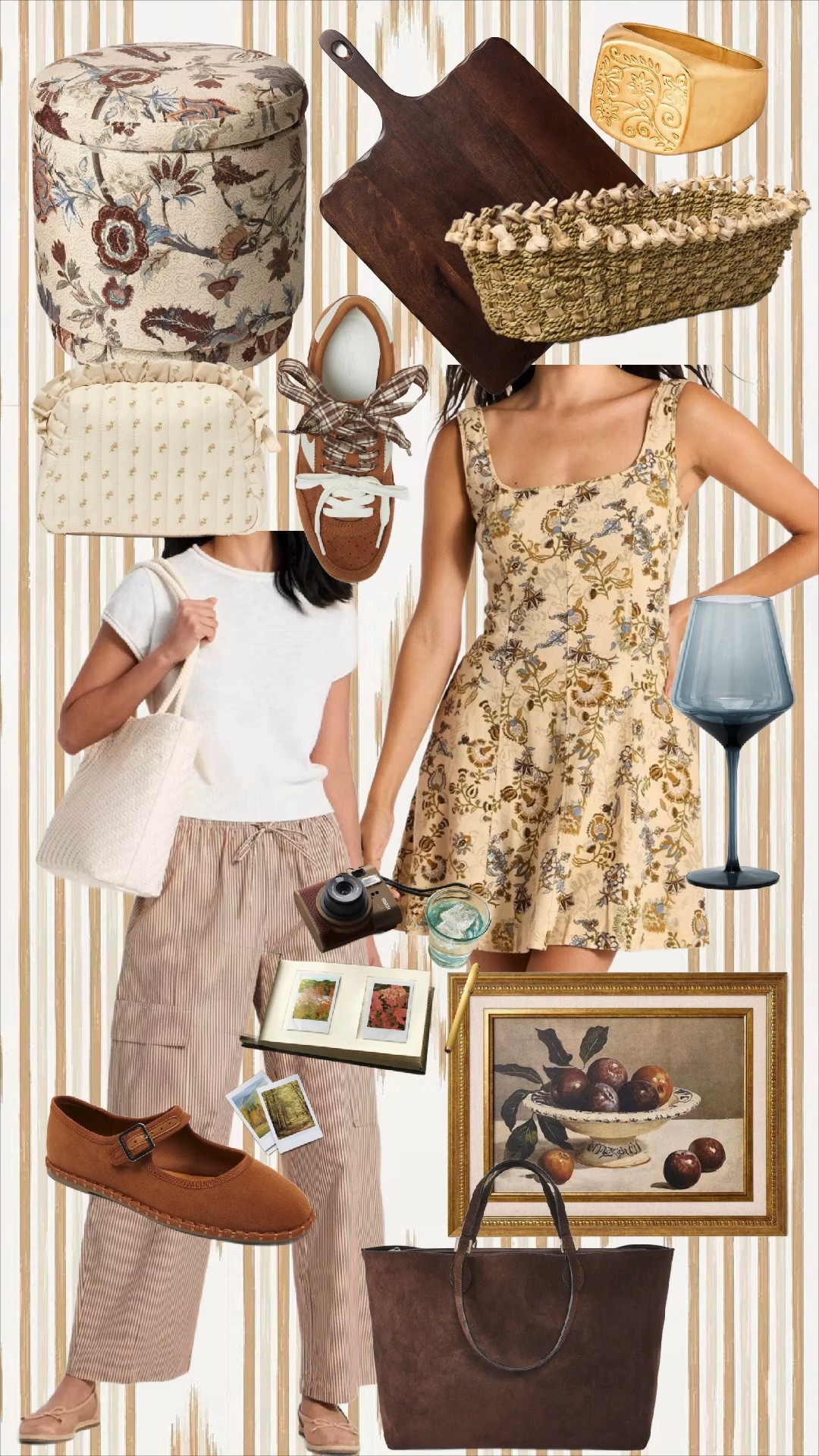 @Target finds! 

Leaning into warm neutrals, vintage-inspired florals, woven textures and those rich chocolate brown details that make everything feel a little more collected and cozy. The perfect mix for easing into fall without rushing summer away.

SHOP THE LOOK:
• Floral upholstered storage ottoman
• Dark wood serving/cutting board
• Gold statement cuff bracelet
• Woven seagrass basket with fringe detail
• Floral cosmetic/travel pouch
• Brown plaid bow sneakers
• Floral mini dress
• White short-sleeve knit tee
• Neutral striped pull-on pants
• Cream woven tote bag
• Blue stemmed wine glass
• Vintage-inspired camera
• Mini photo album
• Gold-framed fruit still-life artwork
• Cognac Mary Jane flats
• Chocolate brown suede tote

#FallStyle #FallFashion #FallHomeDecor #GrandmillennialStyle #LTKFinds