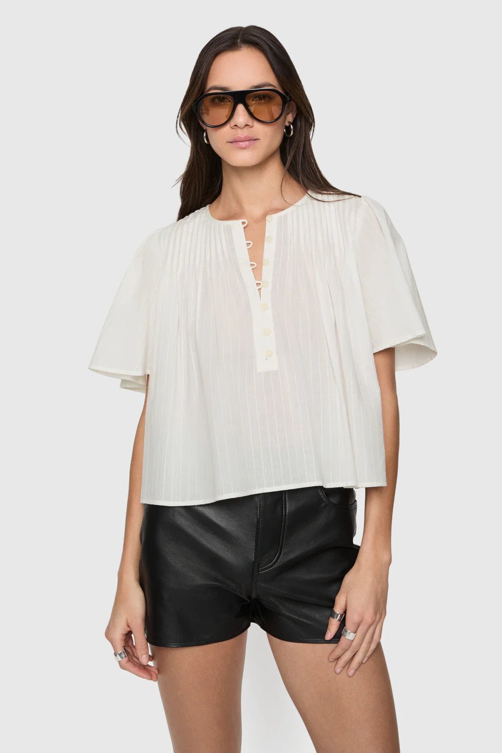 Leah Pleated Short Sleeve Top | Rebecca Minkoff