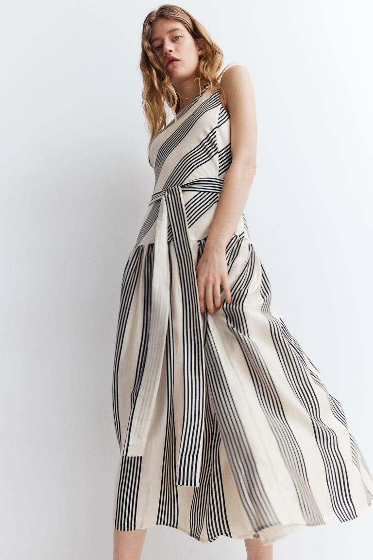 One-shoulder Dress - Sleeveless - Midi - Cream/striped - Ladies | H&M US | H&M (US + CA)