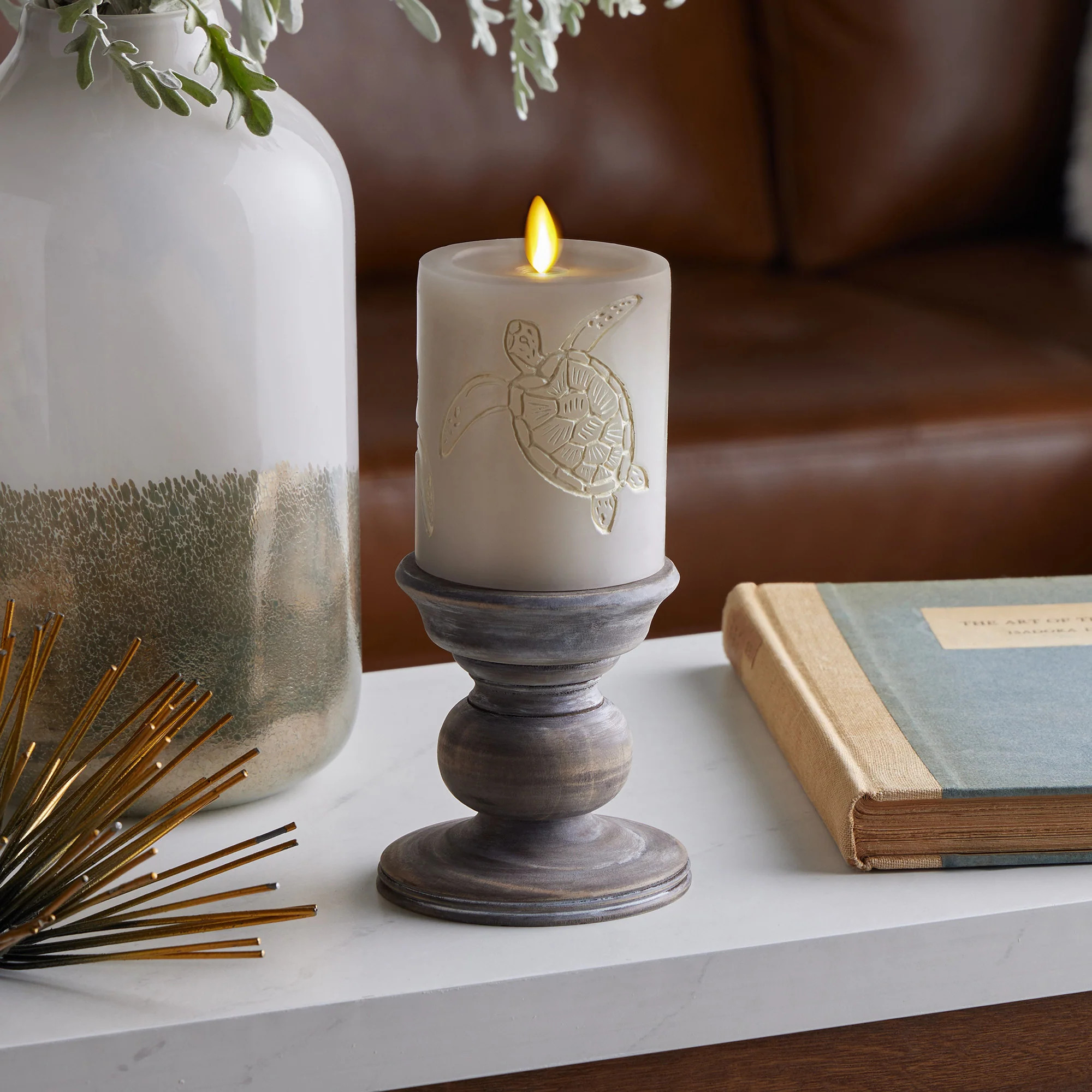Sandy Grey Flameless Sea Turtle Candle Pillar - Recessed Top | Luminara