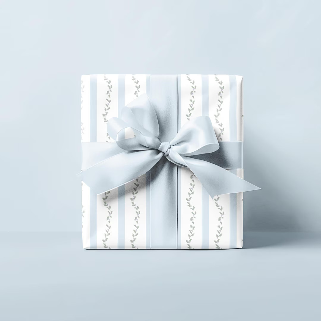 Holly Garland Stripe Blue Wrapping Paper, Ivy, Mistletoe, Light French Blue, Elegant Holiday Patt... | Etsy (US)