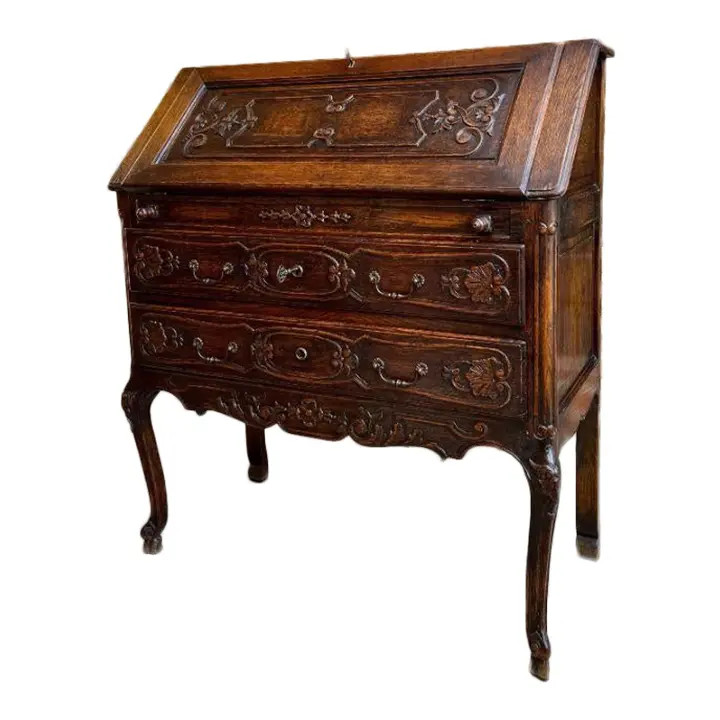 Antique French Carved Oak Secretary Desk Bureau Drop Front Louis XV Style | Chairish