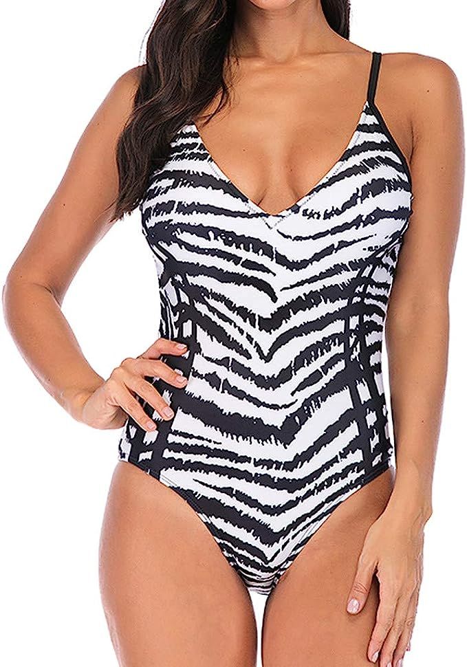 Zebra Print Monokini Swimsuits, Low-Cut One-Piece Beach Bikini Summer Swimwear Hot Animal Pattern... | Amazon (US)