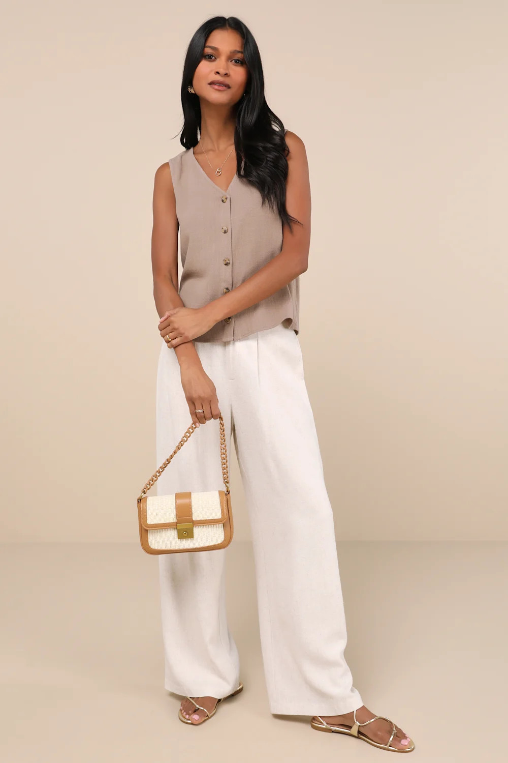 Casually Sophisticated Brown Linen Sleeveless Button-Front Top | Lulus