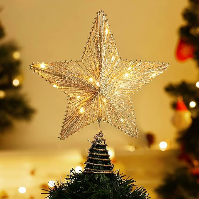 Christmas Tree Topper 10" Golden Glittered Star Tree Topper with 20 LED Lights Xmas Tree Topper S... | Amazon (US)
