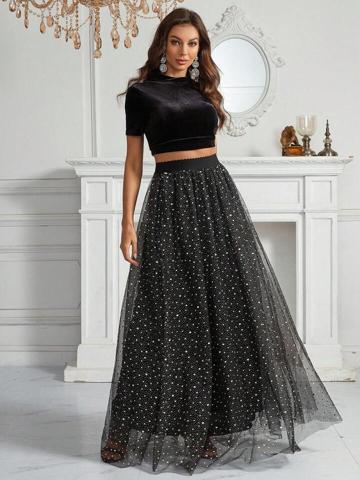 SHEIN Belle Velvet Crop Tee & Mesh Overlay Skirt5.00(2) | SHEIN