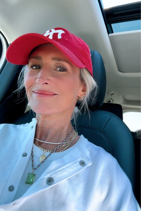 Burt’s Bees lip shimmer in Cherry
Necklaces
Cropped sweatshirt
Red hat
Spring outfit
Sports mom style
Weekend style 