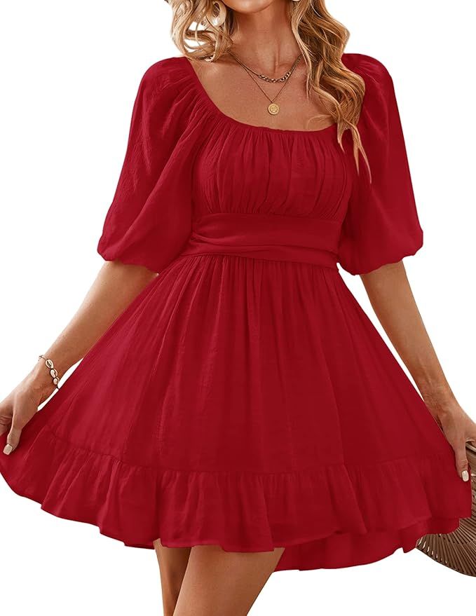 TECREW Women's Summer Lantern Sleeve Square Neck Mini Dress Ruffle Swing Tie Back Dress | Amazon (US)