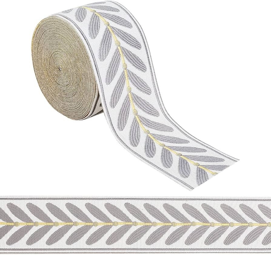 OLYCRAFT 10.9Yards Jacquard Ribbon Trim 2.4 Inch Leaf Pattern Polyester Ribbons Grey White Woven ... | Amazon (US)