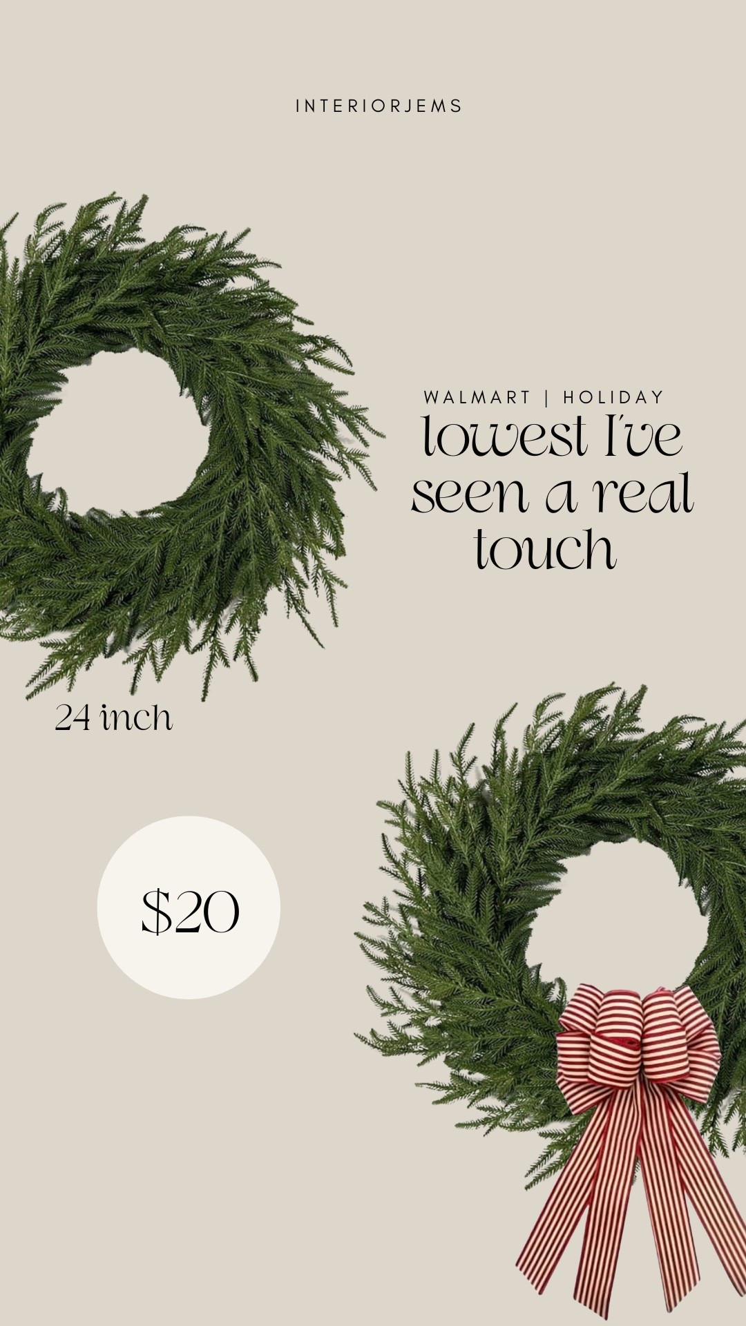 Oh my gosh, a $20 real touch wreath. This is incredible. It’s also 24 inches. I’ve never seen one this slow, artificial wreath, Christmas wreath, front door decor.

#LTKHome #LTKHoliday #LTKSaleAlert