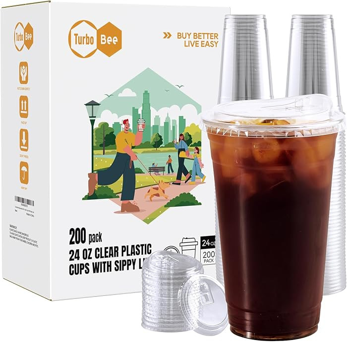 Turbo Bee 24 OZ 200 Sets Clear Plastic Cups with Strawless Sip Lids, To Go Crystal Clear Disposab... | Amazon (US)
