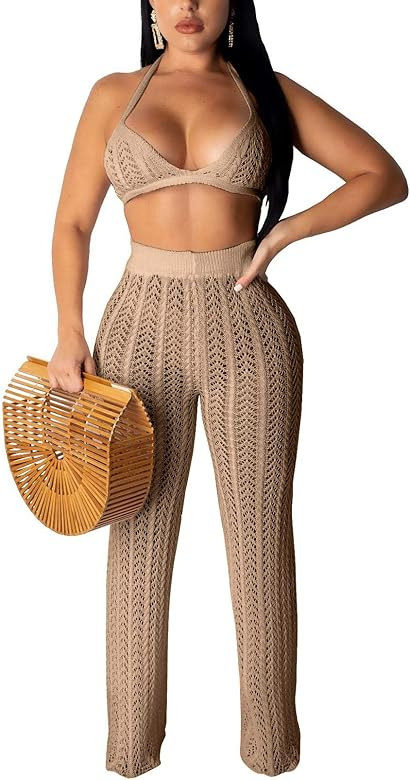 Salimdy Women Hollow Out Knitted See Through 2 Piece Outfits Halter Bandeau Top Long Pant Bikini ... | Amazon (US)
