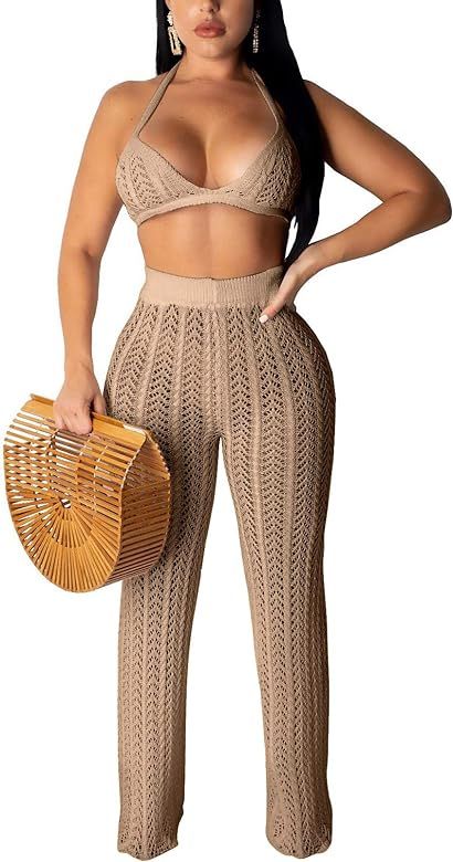 Salimdy Women Hollow Out Knitted See Through 2 Piece Outfits Halter Bandeau Top Long Pant Bikini ... | Amazon (US)
