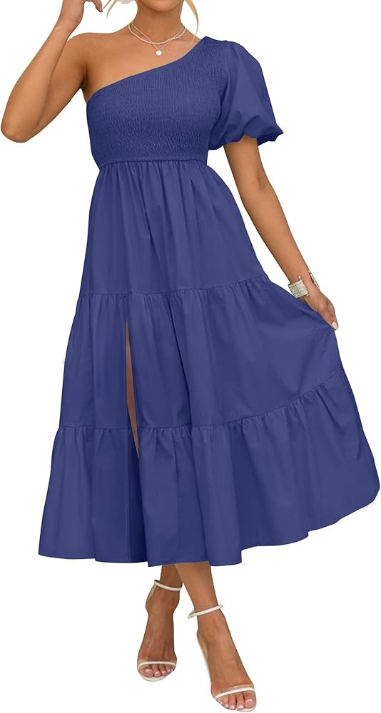 ZESICA Women's 2023 Boho Summer One Shoulder Short Sleeve Smocked Side Split Ruffle Swing Midi Dr... | Amazon (US)