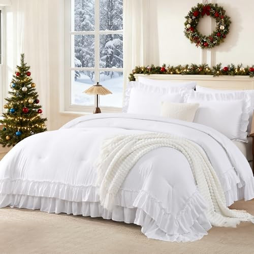 Andency White Comforter Set Queen Size, Lightweight Fluffy Farmhouse White Ruffle Bedding Set, Soft Microfiber All Season Shabby Chic Bed Comforter Set 3 Pieces(1 Ruffle Comforter 2 Pillowcases) | Amazon (US)