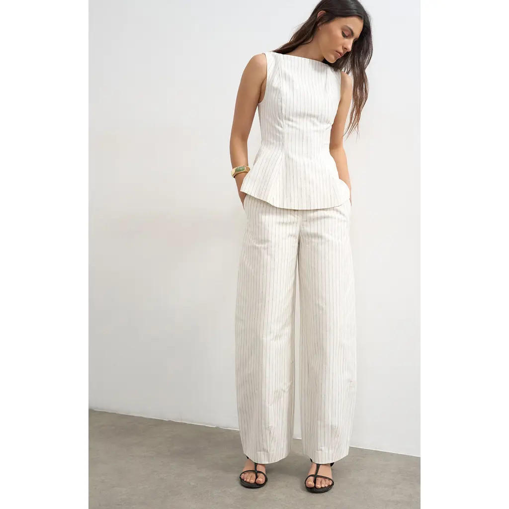 Topshop Striped Barrel Leg Pants in White at Nordstrom, Size 6 | Nordstrom