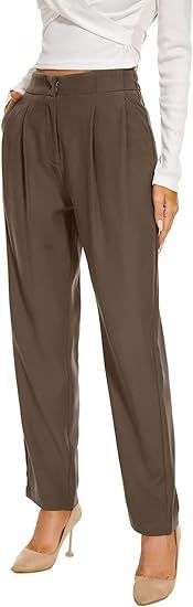 FUNYYZO Womens Casual High Waist Pants Long Straight Leg Trousers Solid Work Pants (as1, Alpha, l... | Amazon (US)