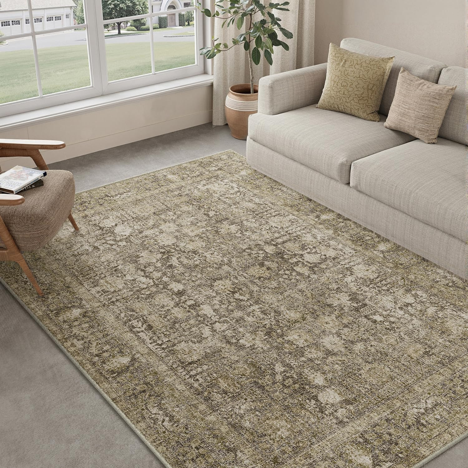 Brown Area Rug 5x7 Machine Washable Vintage Living Room Distressed Non Slip Carpet Traditional In... | Amazon (US)