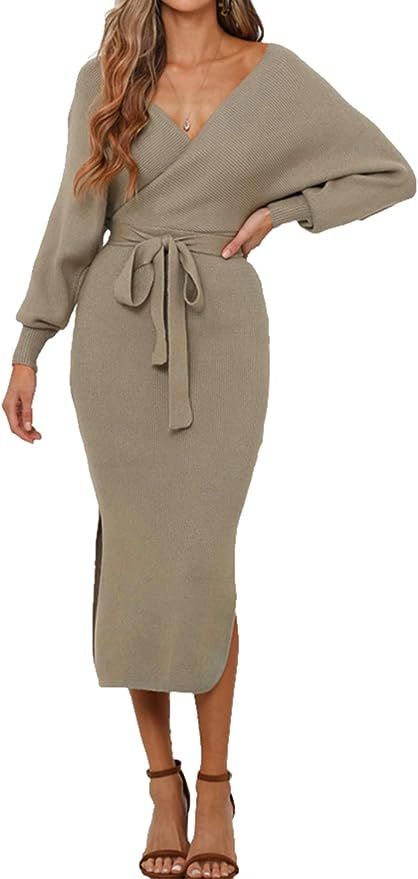 Imuedaen Women's V-Neck Jumper Dress Long Sleeve Knitted Dress Backless Sweater Dress Knitted Jum... | Amazon (UK)