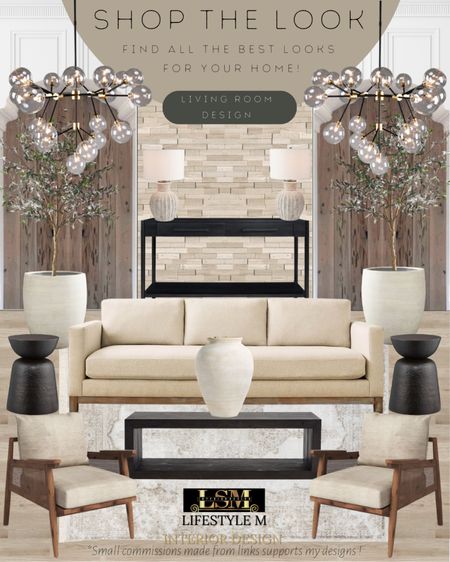 Rustic transitional living room idea. Beige sofa, wood upholstered accent chair, black rectangle coffee table, round coffee table, white ceramic vase, traditional living room rug, black console table, ceramic tree planter pot, realistic fake tree, living room glass globe chandelier, ceramic table lamp. 

#LTKFind #LTKstyletip #LTKhome