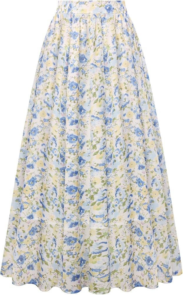 Belle Poque Women's Elastic Waist Maxi Skirts High Waisted Pleated A-Line Swing Skirts Summer Floral Long Skirts with Pockets | Amazon (US)