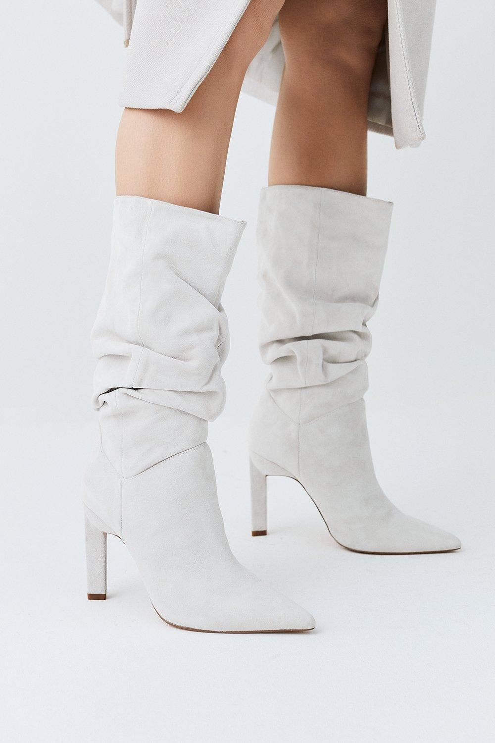 Suede Mid Calf Slouch Heeled Boot | Karen Millen UK + IE + DE + NL