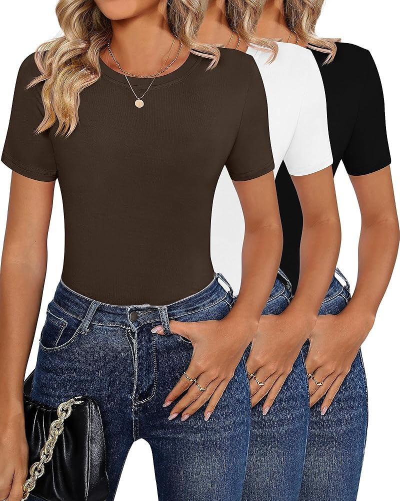 Huukeay 3 Pack Women Short Sleeve Crew Neck T Shirts Slim Fitted Round Neck Crop Tops Solid Color... | Amazon (US)