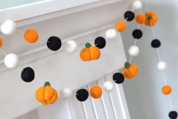 Felt Pumpkin Garland- Orange Black White- Felt Balls and Light Orange Pumpkins- Fall Autumn Hallo... | Etsy (US)
