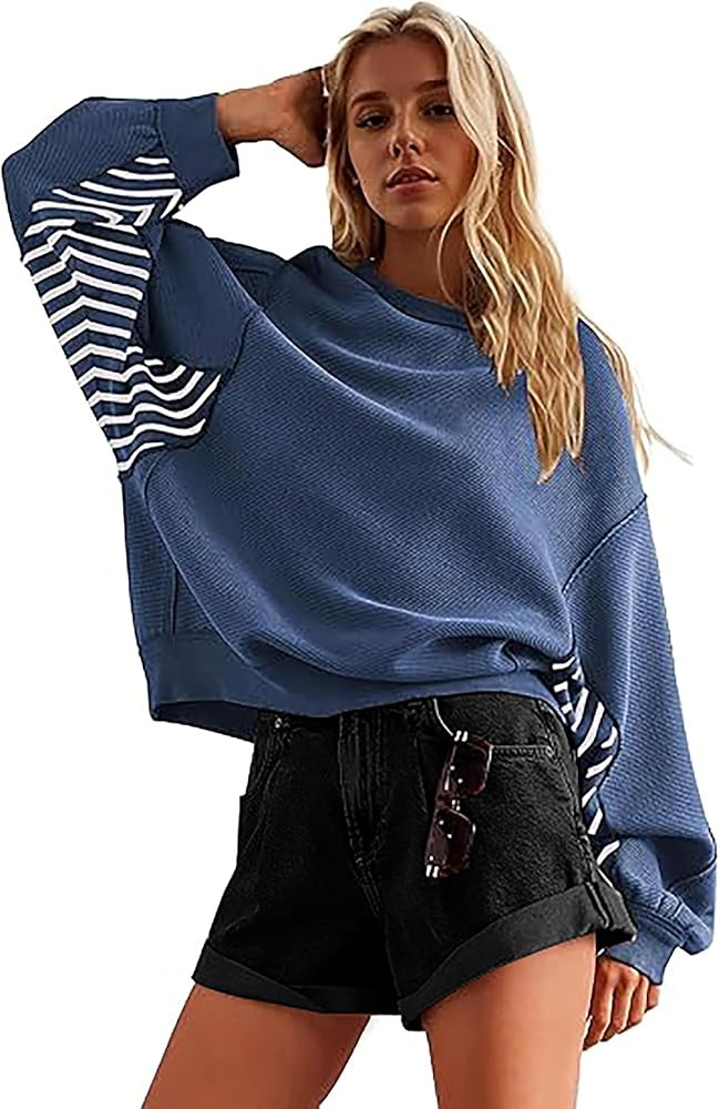 Women Oversized Loose Patchwork Crew Neck Striped Long Sleeve Sweatshirt Pullover Top Solid Baggy... | Amazon (US)