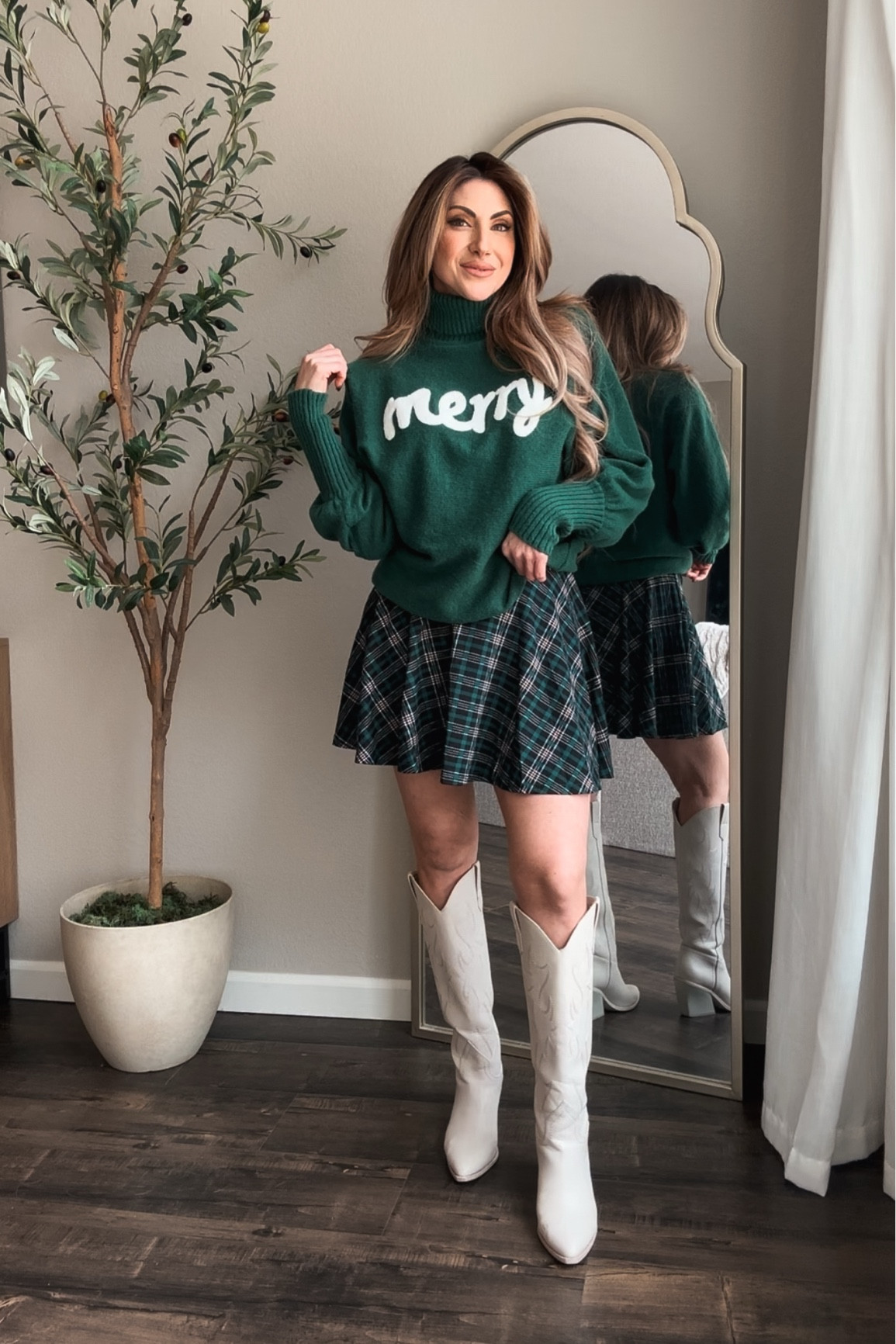 Cute Holiday outfit. turtleneck sweater with western boots and plaid skirt. 
#holidayoutfit #christmasoutfit #holiday 

#LTKSeasonal #LTKParties #LTKHoliday