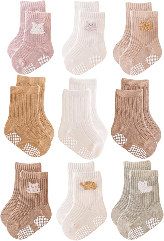 Baby Crew Socks,Grips Combed Cotton Socks Toddler Non-Skid for Girls,Boys Non Slip/Anti Skid 9-Pa... | Amazon (US)