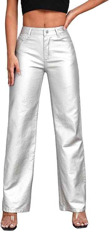 WDIRARA Women's Metallic High Waist Button Pocket Front Denim Trousers Loose Fit Straight Leg Jea... | Amazon (US)