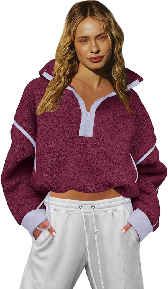 LAMISSCHE Half Zip Sweatshirt Women Oversized Sherpa Jacket V Neck Fleece Pullover Hoodie with Po... | Amazon (US)