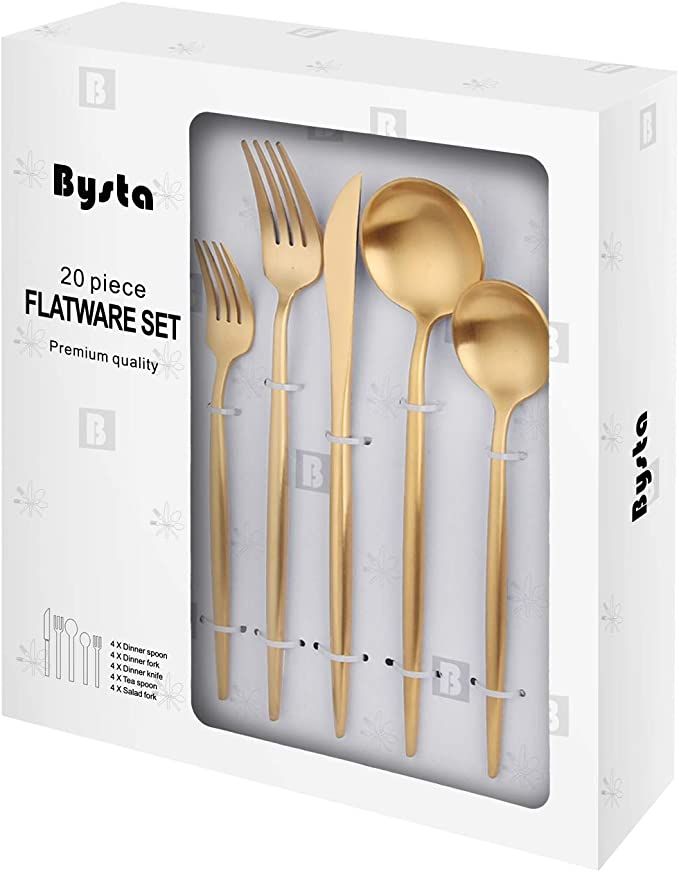 Matte Gold Silverware Set, Bysta 20-piece Stainless Steel Flatware Set Cutlery Set Service For 4,... | Amazon (US)