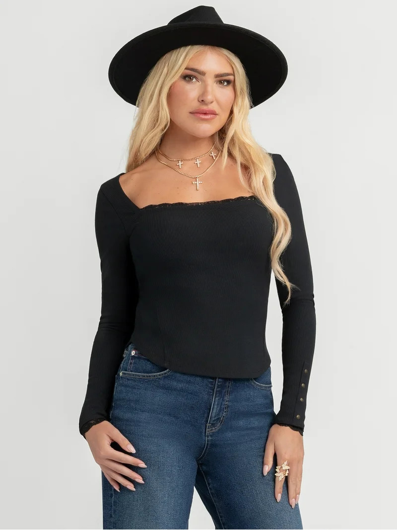 Jessica Simpson Women's and Women's Plus Aleera Ribbed Knit Top with Lace Trim, Sizes XS-4X | Walmart (US)