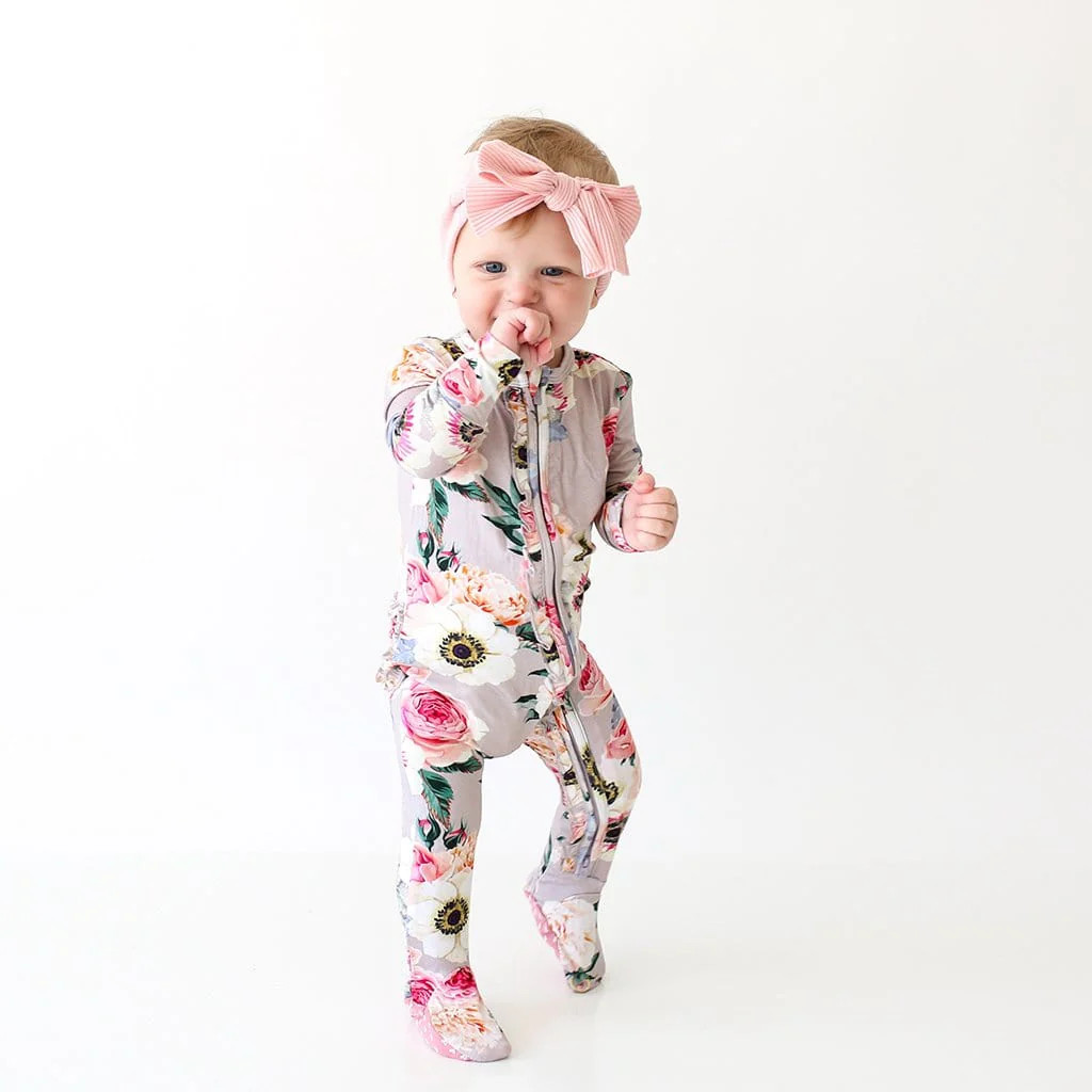 Footie Ruffled Zippered One Piece | French Gray | Baby Girl Sleeper | Posh Peanut