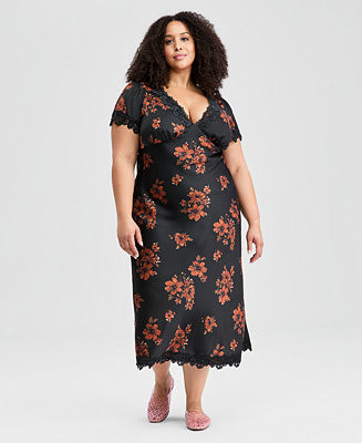 Trendy Plus Size Lace-Trim Floral Satin Midi Dress | Macy's