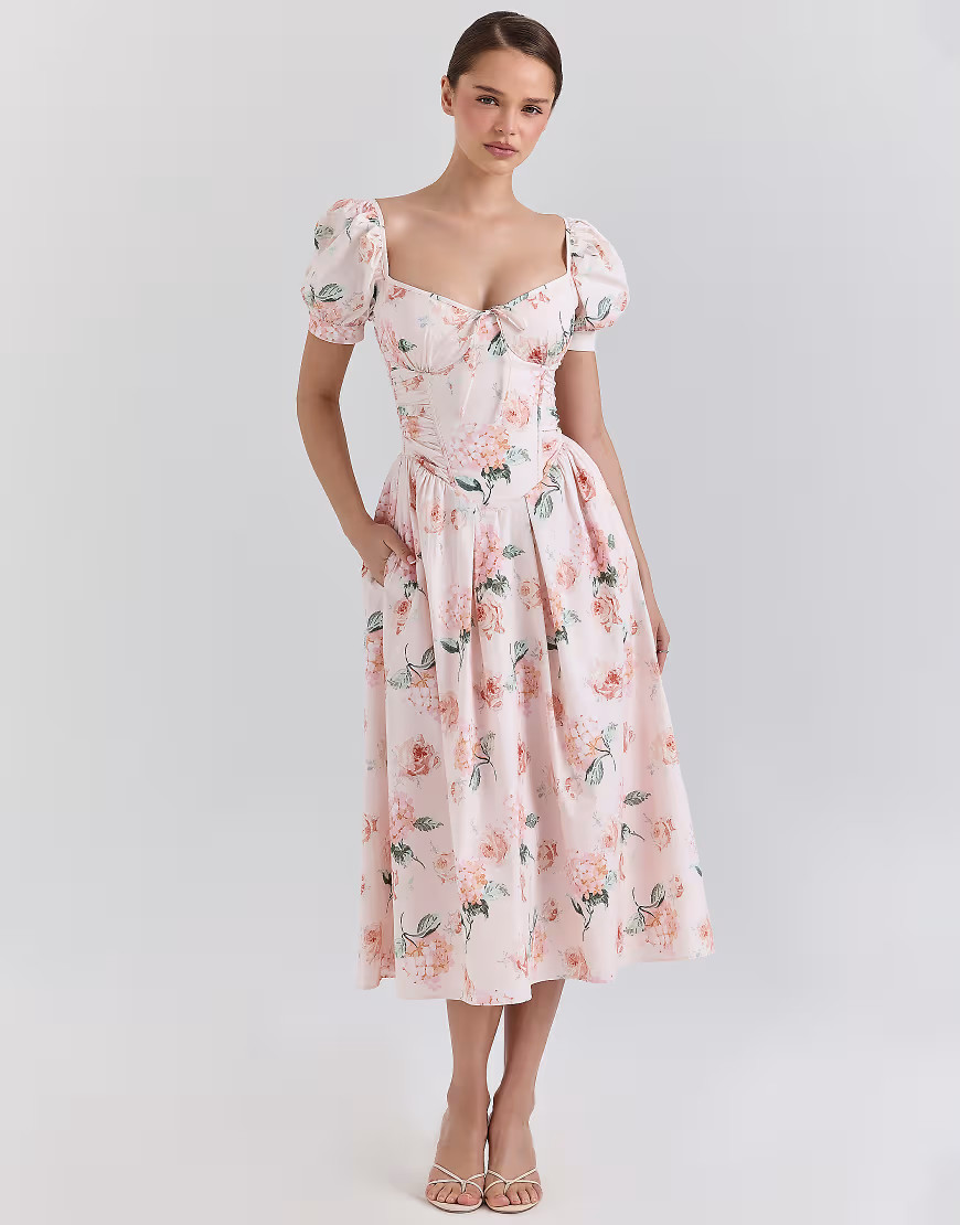 House of CB Lulabell cotton puff sleeve midi dress in peach-Orange | ASOS (Global)