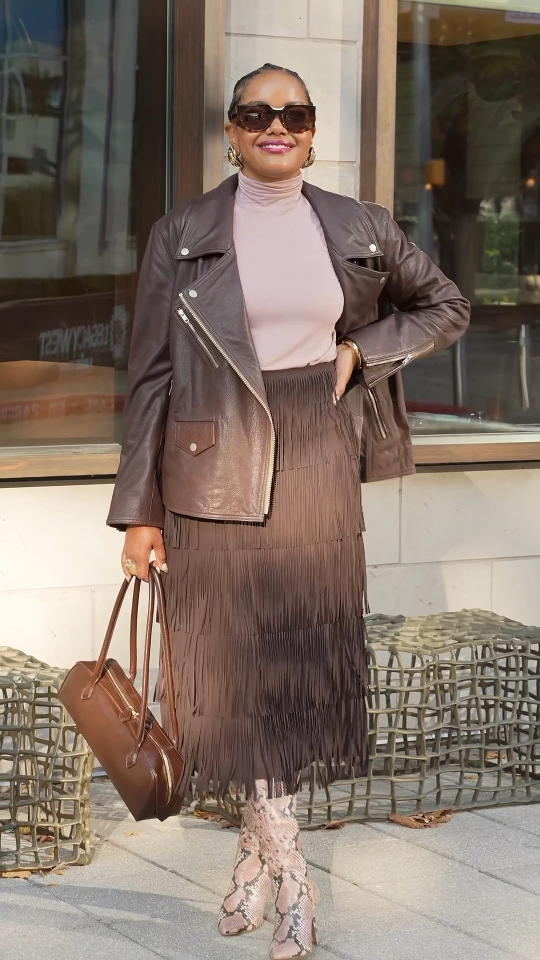 Chocolate brown is having a fashion/ style moment and I am participating! Zara Chocolate brown fringe skirt, Quince Chocolate brown leather moto jacket and Max Mara brown and tortoise sunglasses! So fall inspired!

#LTKOver40 #LTKSaleAlert #LTKFindsUnder100