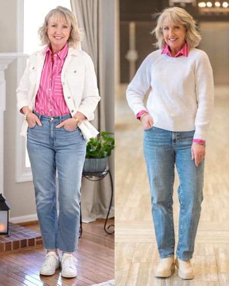 Spring Outfit Formula No. 1 -
Wear your favorite jeans with a colorful button-up shirt and complete with fun sneakers. Top with a cotton shirt or denim jacket. Jeans on the left are @talbotsofficial (TTS) and jeans on the right are @jcrew (size down!) Everything else is true to size  

#LTKSeasonal #LTKstyletip #LTKcurves