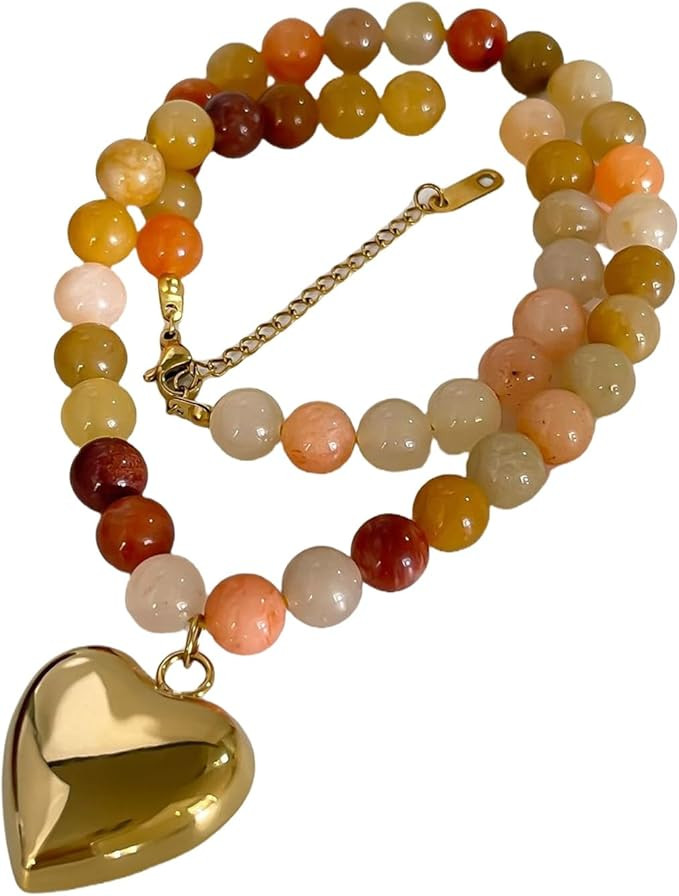 Bohemia Natural Stone Necklace Handmade Beaded Chain Necklace Gold Plated Heart Pendant Necklace ... | Amazon (CA)