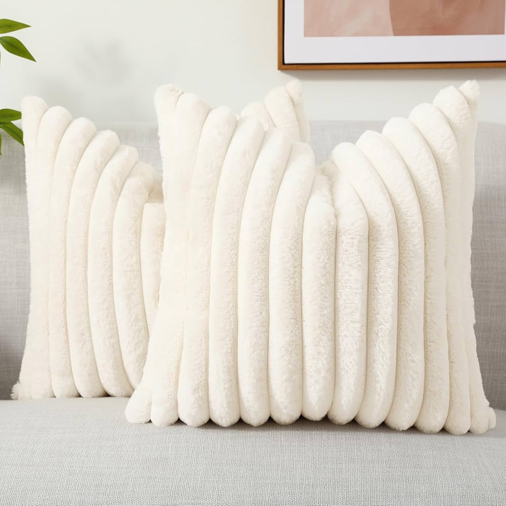 decorUhome Faux Fur Throw Pillow Covers 18x18 Set of 2, Decorative Soft Plush Striped Neutral Cou... | Amazon (US)