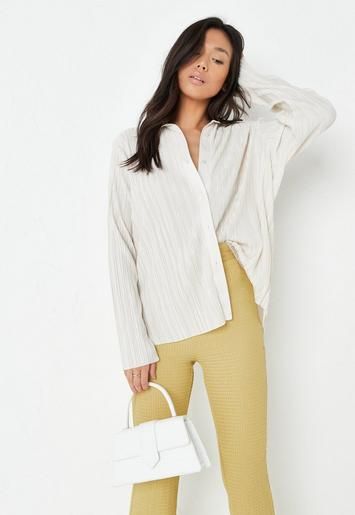 Missguided - Cream Plisse Longline Oversized Shirt | Missguided (UK & IE)