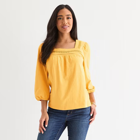 St. John's Bay Womens Square Neck 3/4 Sleeve Blouse, Small, Yellow | JCPenney