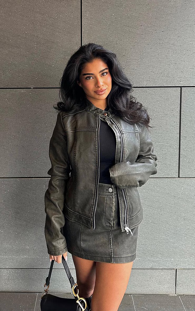 Brown Washed Faux Leather Seam Detail Mini Skirt | PrettyLittleThing US