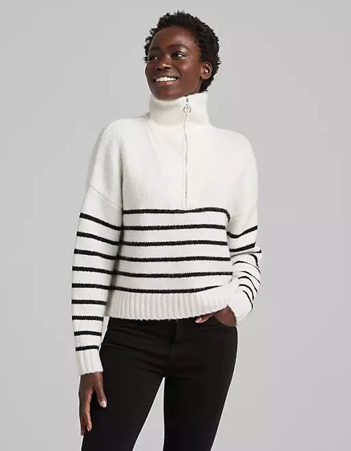 Bershka cable knit detail half zip sweater in ecru stripe | ASOS (Global)