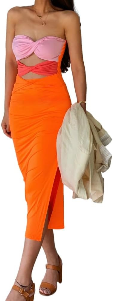 heyheyshine Patchwork Y2K Strapless Dress Party Sleeveless Backless Sexy Hollow Out Dresses Women... | Amazon (US)