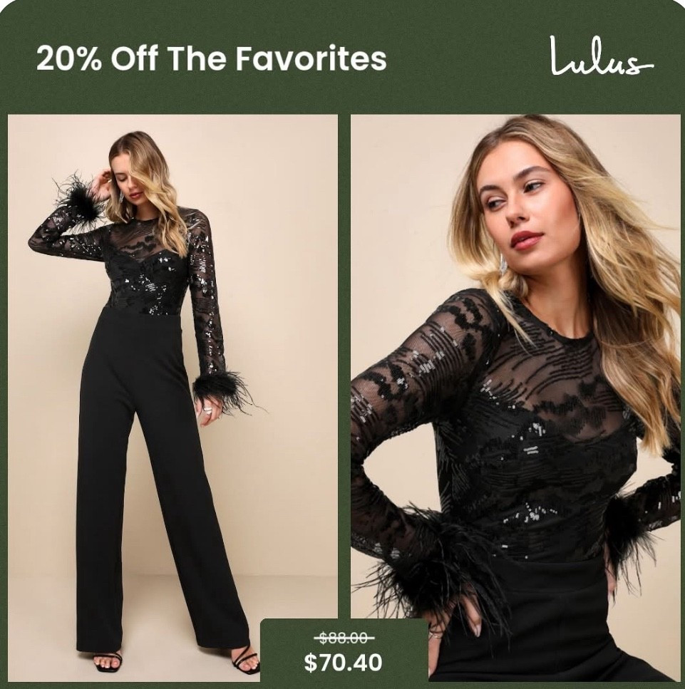 Limitless Radiance Black Sequin Feather Long Sleeve Jumpsuit
Lulus
New price $70.40
Old price$88 with code DEALS20

#LTKSaleAlert #LTKHoliday #LTKFindsUnder100