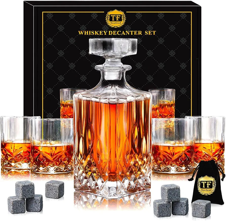 Whiskey Decanter Set with 4 Glasses & 8 Whiskey Stones, Whiskey Decanter Sets for Men, Valentine'... | Amazon (US)