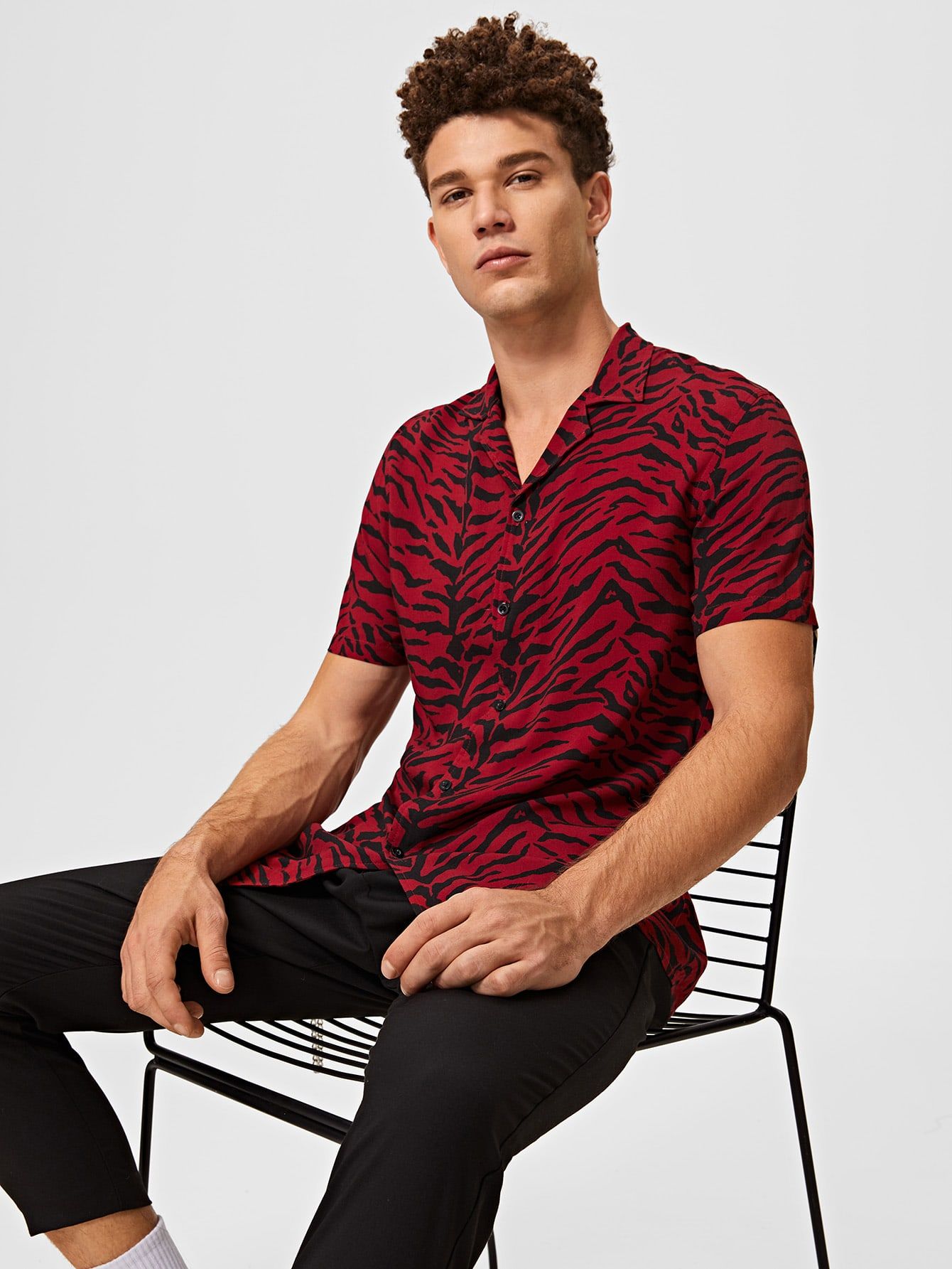 Guys Notched Collar Tiger Striped Shirt | ROMWE